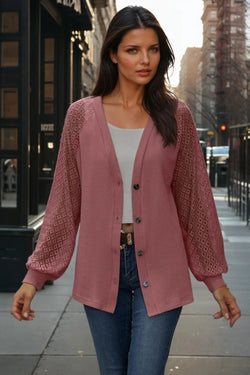 Waffled Knit Lace Long Sleeve Buttoned Cardigan
