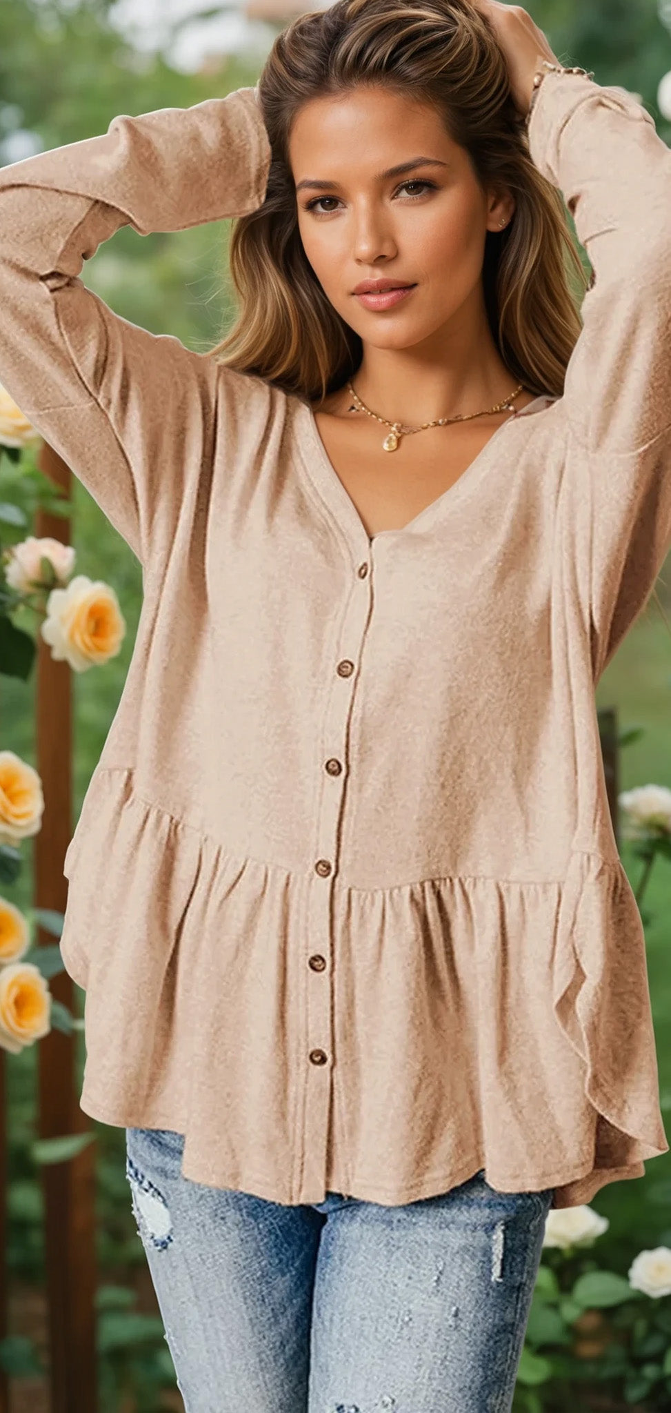 Jet Stream Rushled V Camisa de cuello en V abotonada en V