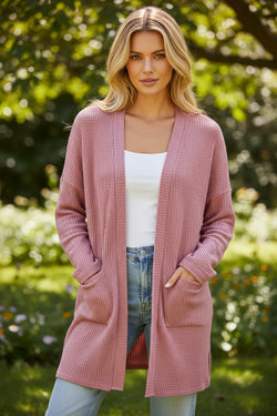 Mineral Red Solid Color Waffle Knit Cardigan with Pocket