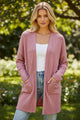 Mineral Red Solid Color Waffle Knit Cardigan with Pocket