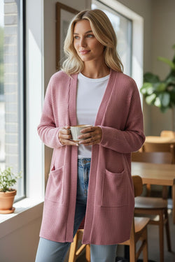 Mineral Red Solid Color Waffle Knit Cardigan with Pocket