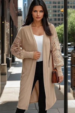 Parchment Lace Patchwork Ribbed Knit Open Front Duster Cardigan