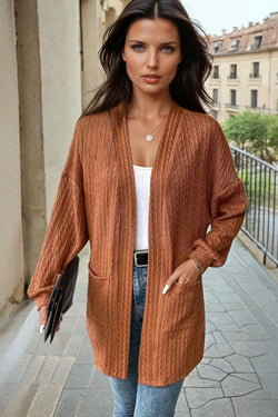 Chestnut Textured Knit Side Pockets Open Front Cardigan