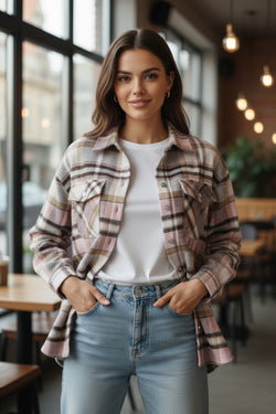 Pink Geometric Plaid Print Pocketed Shacket