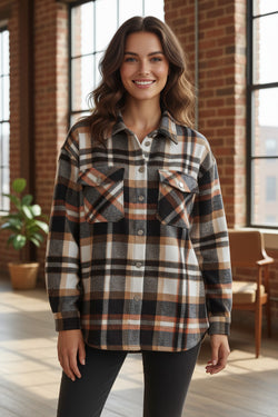 Geometric Plaid Print Pocketed Shacket