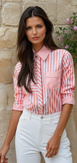 Camicia casual a manica lunga a strisce rosa