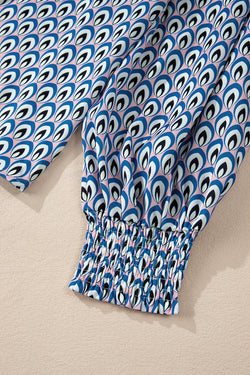 Sky Blue Abstract Print Shirred Puff Botoned Botoned Wask
