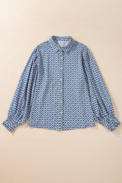 Sky Blue Abstract Print Shirred Puff Botoned Botoned Wask