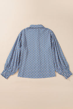 Sky Blue Abstract Print Shirred Puff Botoned Botoned Wask