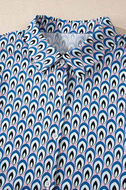 Sky Blue Abstract Print Shirred Puff Botoned Botoned Wask