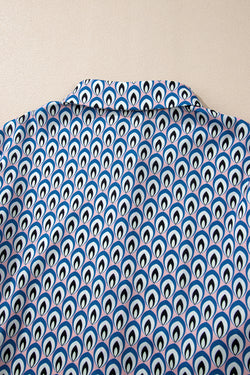 Sky Blue Abstract Print Shirred Puff Botoned Botoned Wask