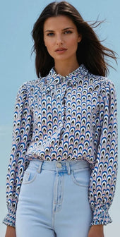 Sky Blue Abstract Print Shirred Cuff Buttoned Oversized Shirt