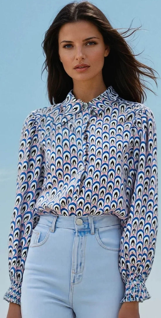 Sky Blue Abstract Print Shirred Cuff Buttoned Oversized Shirt