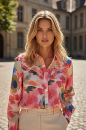 Rose Abstract Print Ruffled Puff Sleeve Shirt