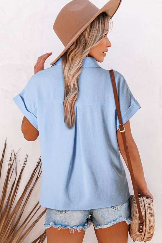 Pink Solid Color Cuffed Short Sleeve Shirt