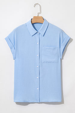 Pink Solid Color Cuffed Short Sleeve Shirt