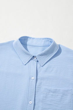 Pink Solid Color Cuffed Short Sleeve Shirt