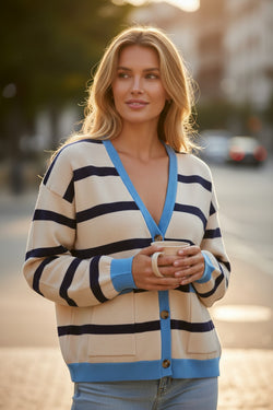 Pink Stripe Colorblock Drop Shoulder Buttoned Loose Cardigan