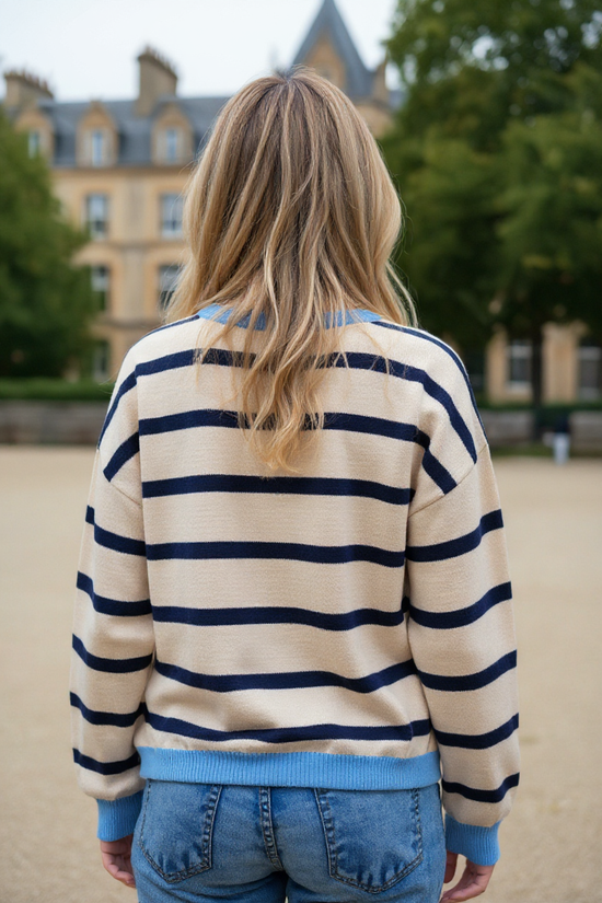 Pink Stripe Colorblock Drop Shoulder Buttoned Loose Cardigan