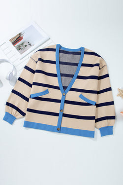 Pink Stripe Colorblock Drop Shoulder Buttoned Loose Cardigan