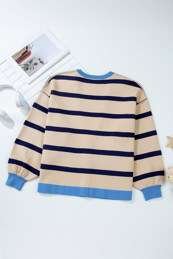 Pink Stripe Colorblock Drop Shoulder Buttoned Loose Cardigan