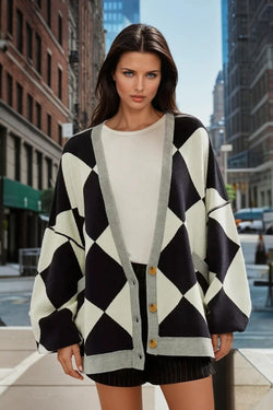 Black Colorblock Drop Shoulder Buttoned Loose Cardigan