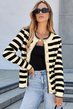 Apricot Stripe Chic Golden Button Cardigan Sweater