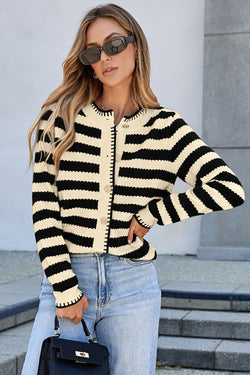 Apricot Stripe Chic Golden Button Cardigan Sweater
