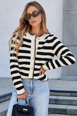 Apricot Stripe Chic Golden Button Cardigan Sweater