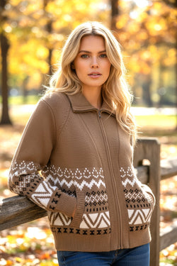 Brown Western Printed Ribbed Trim Collared Zip up Cardigan