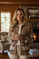 Brown Western Printed Ribbed Trim Collared Zip up Cardigan