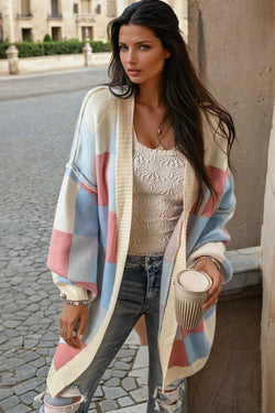 Light Blue Checkered Drop Shoulder Exposed Seam Open Front Cardigan