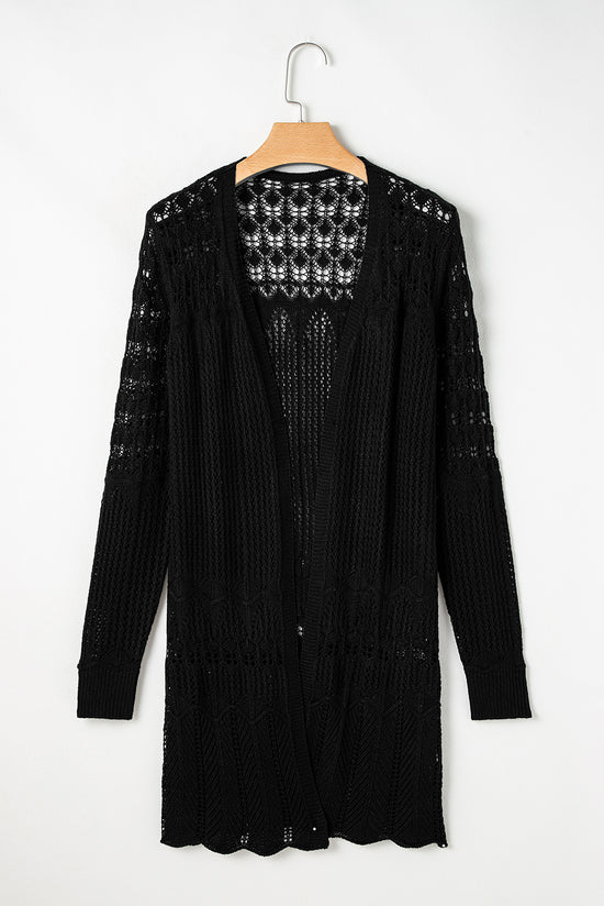Black Crochet Hollow Out Open Front Cardigan