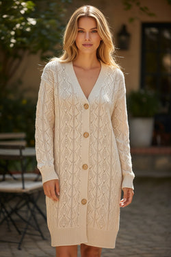 Parchment Hollow Out Buttons Front Long Cardigan