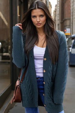 Peacock Blue Cable Knit Button Front Pocketed Baggy Cardigan