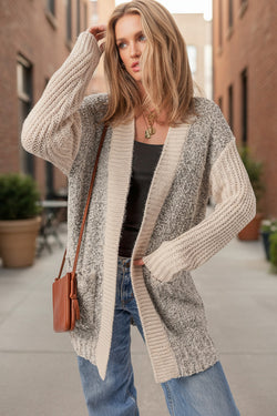 Color Block Side Pockets Open Front Cardigan