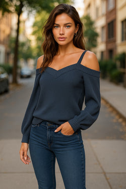 Dark Blue Dew Shoulder Juliette Knitted Sweater