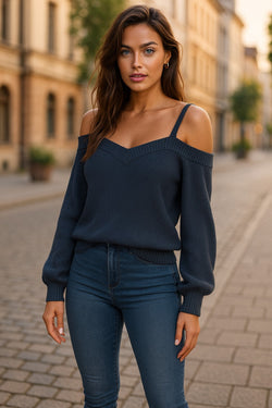 Dark Blue Dew Shoulder Juliette Knitted Sweater
