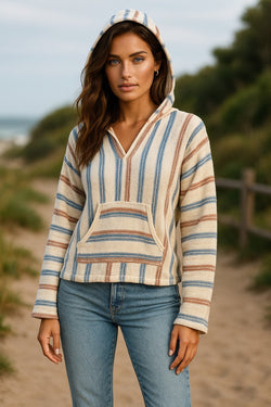Multicolor Striped Knit Kangaroo Pocket Hooded Sweater