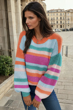 Multicolor Striped Knit Drop Shoulder Puff Sleeve Sweater