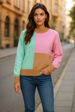 Multicolour Colorblock Mock Neck Ribbed Trim Sweater