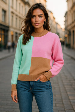Multicolour Colorblock Mock Neck Ribbed Trim Sweater