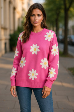 Maglione a maniche lunghe a fiore rosa rosa brillante