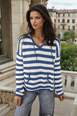 Blue Stripe V Neck Pocketed Drawstring Hooded Sweater