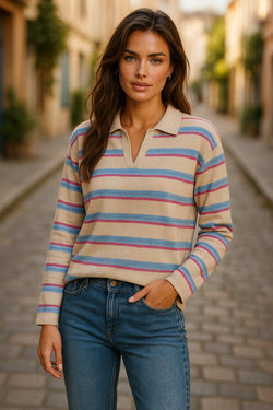 Apricot Stripe Collared V Neck Drop Shoulder Loose Sweater