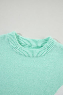Green Chevron Colorblock Ribbed Knit Drop Shoulder Sweater