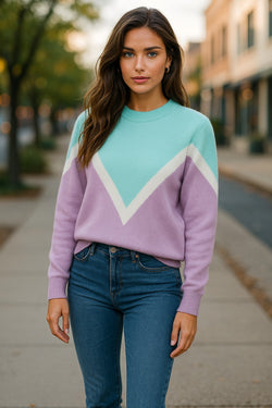 Green Chevron Colorblock Ribbed Knit Drop Shoulder Sweater