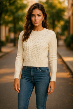 White Cable Knit Cropped Sweater