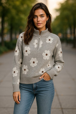 Gray Floral Pattern Half Zip Drop Shoulder Sweater