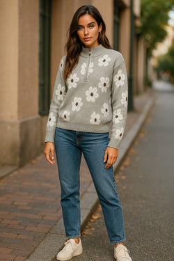 Gray Floral Pattern Half Zip Drop Shoulder Sweater